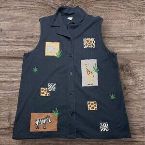 Novelty‎ Safari Animal Print Sleeveless Button Down Shirt Vest Top